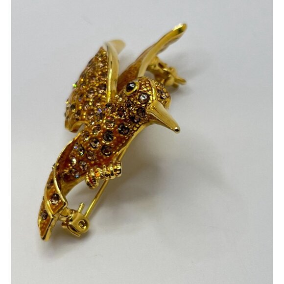 Vintage Hummingbird in Flight Brooch Pin Gold Tone Rhinestone Flying Bird - Picture 4 of 6